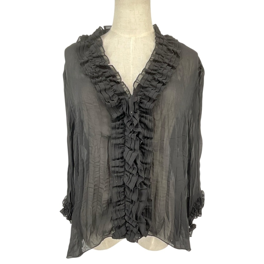 Vintage Piano Womens Sheer Black Ruffle V-Neck Crinkle Pleated Blouse Top Size L